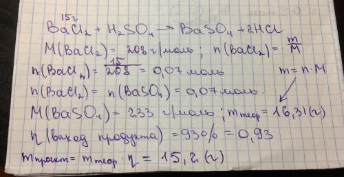 Чему равна масса практическая сульфата бария, который получен при взаимодействии 15г хлорида бария с