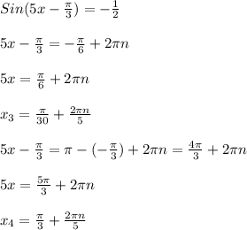 Sin(5x- \frac{ \pi }{3})=- \frac{1}{2}\\\\5x- \frac{ \pi }{3}= - \frac{ \pi }{6} +2 \pi n\\\\5x= \frac{ \pi }{6} +2 \pi n \\\\ x_{3} = \frac{ \pi }{30}+ \frac{2 \pi n}{5}\\\\\ 5x- \frac{ \pi }{3}= \pi -(- \frac{ \pi }{3})+2 \pi n= \frac{4 \pi }{3} +2 \pi n\\\\5x= \frac{5 \pi }{3} +2 \pi n\\\\ x_{4}= \frac{ \pi }{3}+ \frac{2 \pi n}{5}