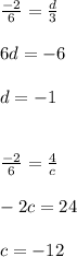 \frac{-2}{6} = \frac{d}{3}\\\\6d=-6\\\\d=-1\\\\\\ \frac{-2}{6} = \frac{4}{c}\\\\-2c=24\\\\c=-12