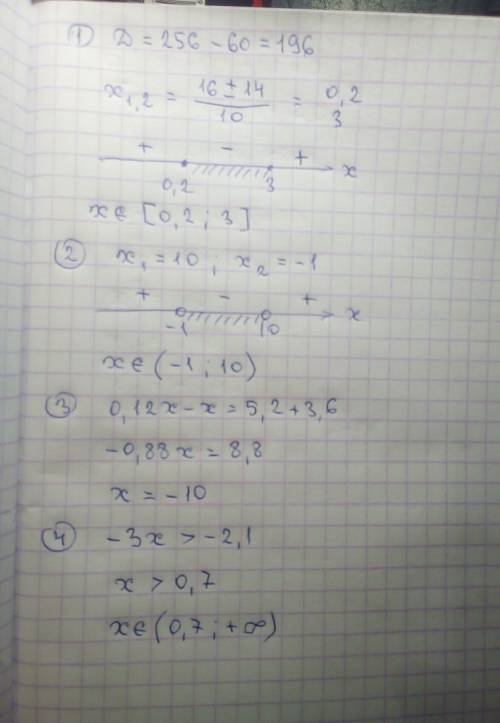 1)5x^2-16x+3≤0 2)(x-10)(x+1)< 0 3)0.12x-3.6=x+5.2 (нужен корень) 4)-3x+2.1> 0