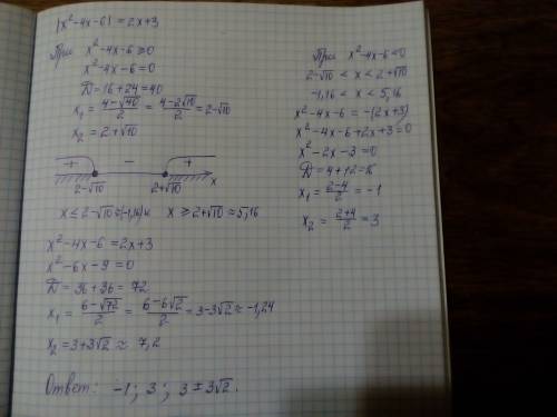 Решите уравнение |x^2-4x-6|=2x+3 с подробным объяснением !