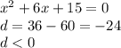 { x }^{2} + 6x + 15 = 0 \\ d = 36 - 60 = - 24 \\ d < 0