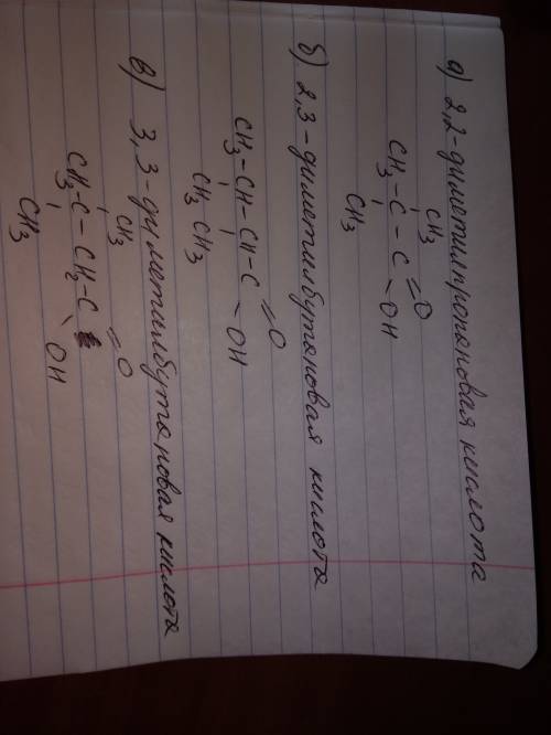 Напишить структурні формули таких сполук : а)2,2-диметилпропанова кислота; б)2,3-диметилбутанова кис