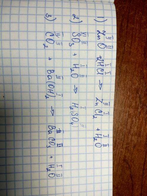 Свалентами и с ответом 1) zn0+hcl -> 2) s03+h20 -> 3) c02+ba(oh)2 ->