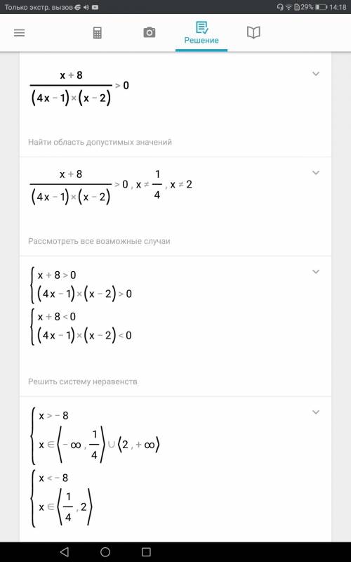 Решите неравенство (х+8)/((4х-1)(х-2)) ≥0