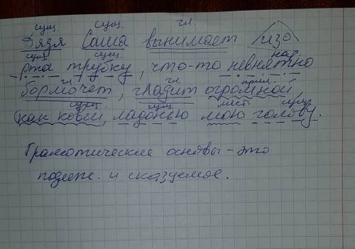 Количество грамматических основ и разбор предложения. дядя саша вынимает изо рта трубку, что-то невн