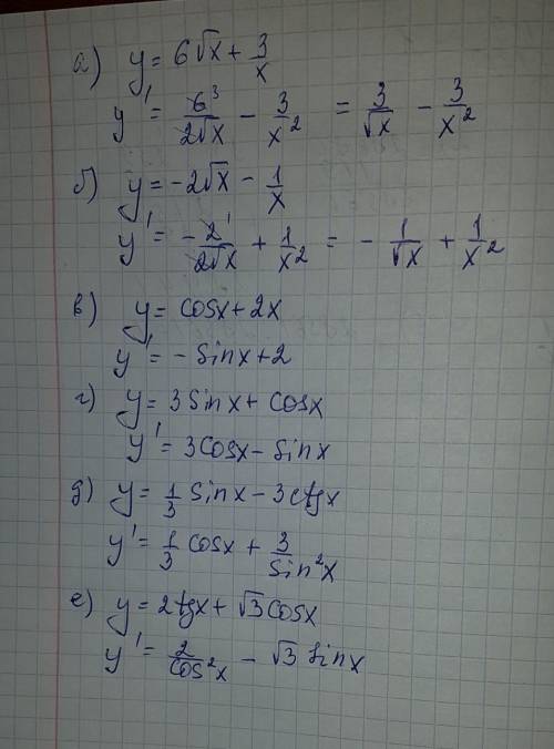 Умоляю хотя-бы что-то написать ! найдите производную функции. a)y=6√x+3/x б)y=-2√x-1/x в)y=cos x +2x