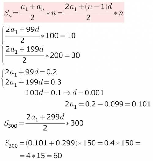 Сумма первых ста членов арифметической прогрессии=10 сумма первых двухсот=30 найдите сумму первых 30