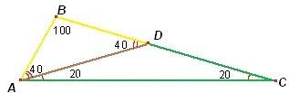 Два угла треугольника равны 100° и 60°. показать как можно его разрезать на два равнобедренных треуг