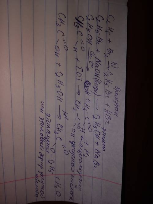 C2h6→c2h5br→c2h5oh→ch3cho→ch3cooh→ch3coohc2h5 записать ряд преобразований и дайте названия продуктам