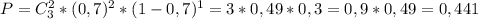 P=C_{3}^{2}*(0,7)^{2}*(1-0,7)^{1}=3*0,49*0,3=0,9*0,49=0,441&#10;