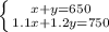 \left \{ {{x+y=650} \atop {1.1x+1.2y=750}} \right. &#10;