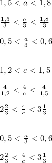 1,5\ \textless \ a\ \textless \ 1,8\\\\ \frac{1,5}{3}\ \textless \ \frac{a}{3}\ \textless \ \frac{1,8}{3}\\\\0,5\ \textless \ \frac{a}{3} \ \textless \ 0,6\\\\\\1,2\ \textless \ c\ \textless \ 1,5\\\\ \frac{4}{1,2}\ \textless \ \frac{4}{c} \ \textless \ \frac{4}{1,5} \\\\2 \frac{2}{3}\ \textless \ \frac{4}{c} \ \textless \ 3 \frac{1}{3}\\\\\\ 0,5\ \textless \ \frac{a}{3}\ \textless \ 0,6\\\\2 \frac{2}{3} \ \textless \ \frac{4}{c} \ \textless \ 3 \frac{1}{3}