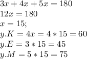 3x+4x+5x=180\degree\\ 12x=180\\ x=15; \\ y. K = 4x=4*15=60\\ y. E= 3*15=45\\ y. M = 5*15=75