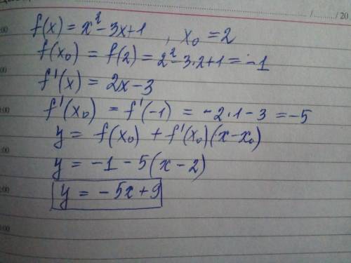 Напишите уравнение касательной проведенной к графику функции f(x)=x2-3x+1 в точке x0=2