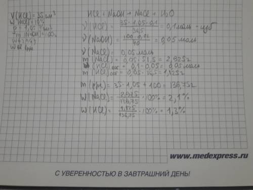 Ксоляной кислоте объемом 35 см3 с массовой долей hcl 10 и плотностью 1,05 добавили раствор гидроксид