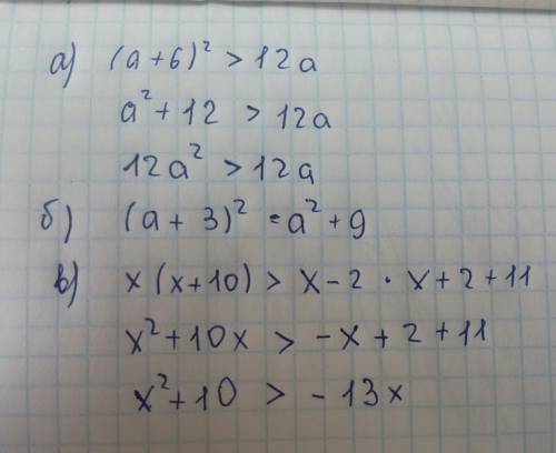 Не понимаю эхэ а) (a+6)^2> 12a б) (a+3)^2 (больше или равно) a-2 6 в) х*(х+10)> х-2*х+2+11