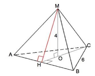 Вправильной треугольной пирамиде сторона основания равна 6, а высота – 4. найдите: апофему пирамиды;