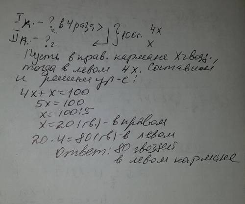 Решить ! у строителя в двух карманах было 100 гвоздей. в левом кармане гвоздей в 4 раза больше, чем