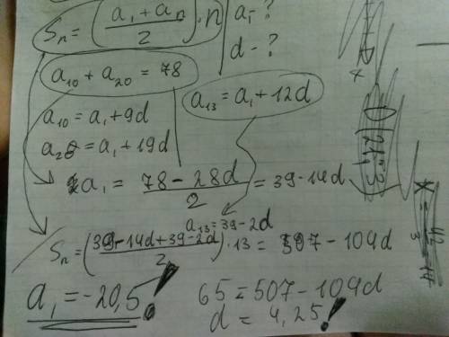 Сумма первых 13 членов арифметической прогрессии равна 65. сумма a10 и a20 равна 78. найти a1 и d-ра
