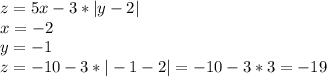 z = 5x-3*|y-2|\\x=-2\\y=-1\\z=-10-3*|-1-2|=-10-3*3=-19