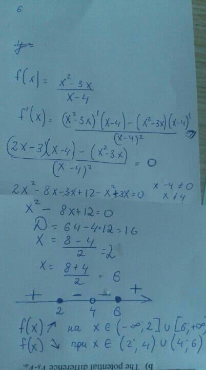 Найти монотонность функции f(x)=(x^2-3x)/(x-4)