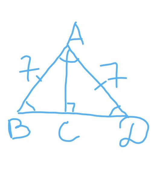 Дано треугольник abd ; ac биссектриса; ab=7 см ad=7 см угол с =90 градусов найти углы b и d