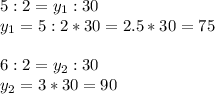 5:2=y_1:30 \\ y_1=5:2*30=2.5*30=75 \\ \\ 6:2=y_2:30 \\ y_2=3*30=90