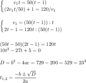 \displaystyle \left \{ {{v_{1}t=50(t-1)}} \atop {(2v_{1}t/50)+1=120/v_{1}}} \right. \\ \\ \\ \left \{ {{v_{1}=(50(t-1)):t} \atop {2t-1=120t:(50(t-1))}} \right. \\ \\ \\ (50t-50)(2t-1)=120t \\ 10t^{2}-27t+5=0 \\ \\ D=b^{2}-4ac=729-200=529=23^{2} \\ \\ t_{1,2}= \frac{-bб \sqrt{D}}{2a}