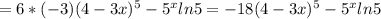 =6*(-3)(4-3x) ^{5} - 5^{x}ln5=-18(4-3x) ^{5}- 5^{x}ln5