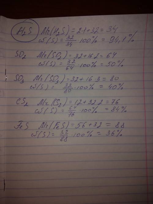 Какое из этих соединенией содержит болелее количество серы h2s so2 so3 cs2 fes