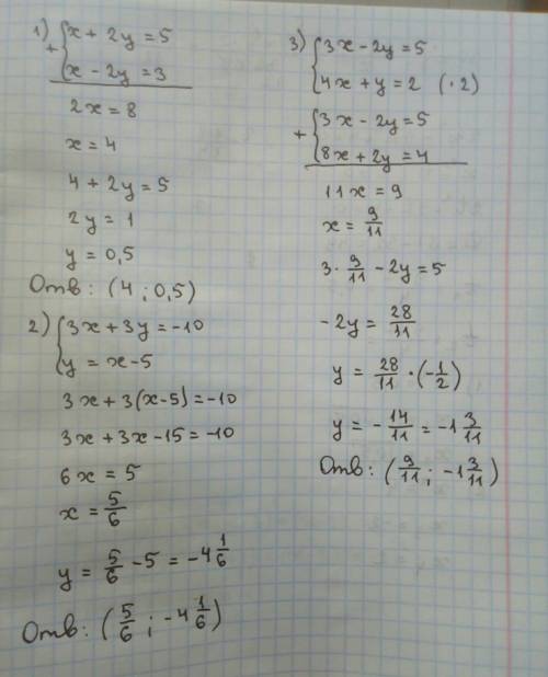 Решите систему уравнений сложения: x+2y=5 x-2y=3 решите систему уравнений подстановки: 3x+3y=-10 y=x