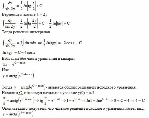 Решите ) 100 . решить уравнения: y’+cos(x+2y)=cos(x-2y); y(0)=π/4