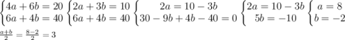 \large \\ \left\{\begin{matrix} 4a+6b=20\\ 6a+4b=40 \end{matrix}\right.\left\{\begin{matrix} 2a+3b=10\\ 6a+4b=40 \end{matrix}\right. \left\{\begin{matrix} 2a=10-3b\\ 30-9b+4b-40=0 \end{matrix}\right. \left\{\begin{matrix} 2a=10-3b\\ 5b=-10 \end{matrix}\right. \left\{\begin{matrix} a=8\\ b=-2 \end{matrix}\right.\\\\ {a+b\over2}={8-2\over2}=3