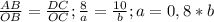 \frac{AB}{OB} = \frac{DC}{OC} ; \frac{8}{a} = \frac{10}{b} ; a=0,8*b