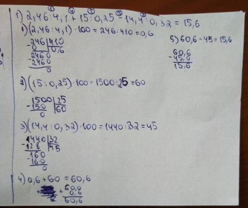 Вычислите: 1) 2,46 : 4,1 + 15: 0,25 - 14,4: 0,32 с решением в столбик,