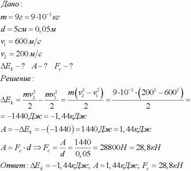 Пуля массой 9 г пробивает доску тоощиной 5 см при этом её скорость убивает с 600 м/с до 200 м/с. най