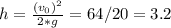 h=\frac{(v_{0})^2}{2*g}=64/20=3.2