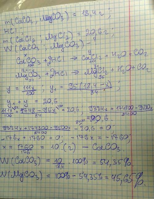 На суміш кальцій та магній карбонатів масою 18,4 г подіяли надлишком хлоридної кислоти. маса утворен