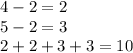 4 - 2 = 2 \\ 5 - 2 = 3 \\ 2 + 2 + 3 + 3 = 10