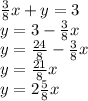 \frac{3}{8}x+y=3 \\ y=3- \frac{3}{8}x \\ y= \frac{24}{8}- \frac{3}{8}x \\ y= \frac{21}{8}x \\ y=2 \frac{5}{8}x