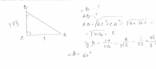 Прям в прямоугольном треугольнике abc, угол c=90,ac=4см, cb=4 корня из 3.найдите угол b и гипотенузу
