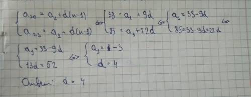 Варифметической прогрессии (ан) известно что а10=33 а23==85 найдите разность прогрессии, (нужно толь