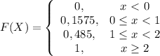 F(X) = \left\{\begin{array}{cc}0,&x \ \textless \ 0\\0,1575,&0 \leq x \ \textless \ 1\\0,485,&1 \leq x \ \textless \ 2\\1,&x \geq 2\end{array}\right