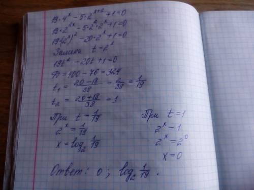 19*4^х - 5*2^(х+2)+1=0 , с решением ответ: log^2 1/19