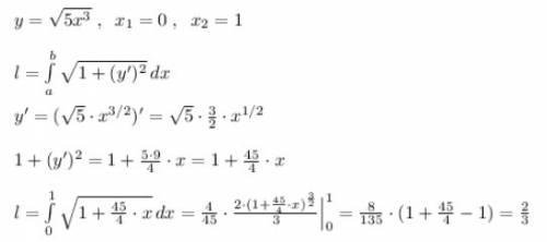 Вычислить длину дуги кривой y=√(5*(x^3)) в пределах от x=0 до x=1