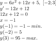 y=6x^2+12x+5,\ [-2;3]\\y'=12x+12\\12x+12=0\\x=-1\\y(-1)=-1-min.\\y(-2)=5\\y(3)=95-max.\\\\