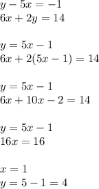 y - 5x = - 1 \\ 6x + 2y = 14 \\ \\ y = 5x - 1 \\ 6x + 2(5x - 1) = 14 \\ \\ y = 5x - 1 \\ 6x + 10x - 2 = 14 \\ \\ y = 5x - 1 \\ 16x = 16 \\ \\ x = 1 \\ y = 5 - 1 = 4