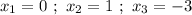 x_{1}=0 \ ; \ x_{2} = 1 \ ; \ x_{3} = -3