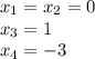 x_1=x_2=0 \\ &#10;x_3=1 \\ &#10;x_4=-3